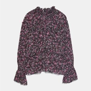 Zara Black & Pink Floral Mock Neck Peplum Blouse XS